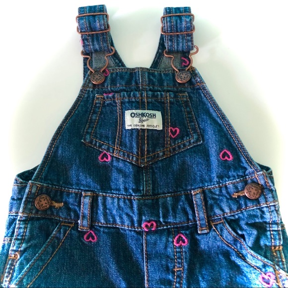 12 Month Denim Osh Kosh Overalls - Pink Hearts - Picture 5 of 8